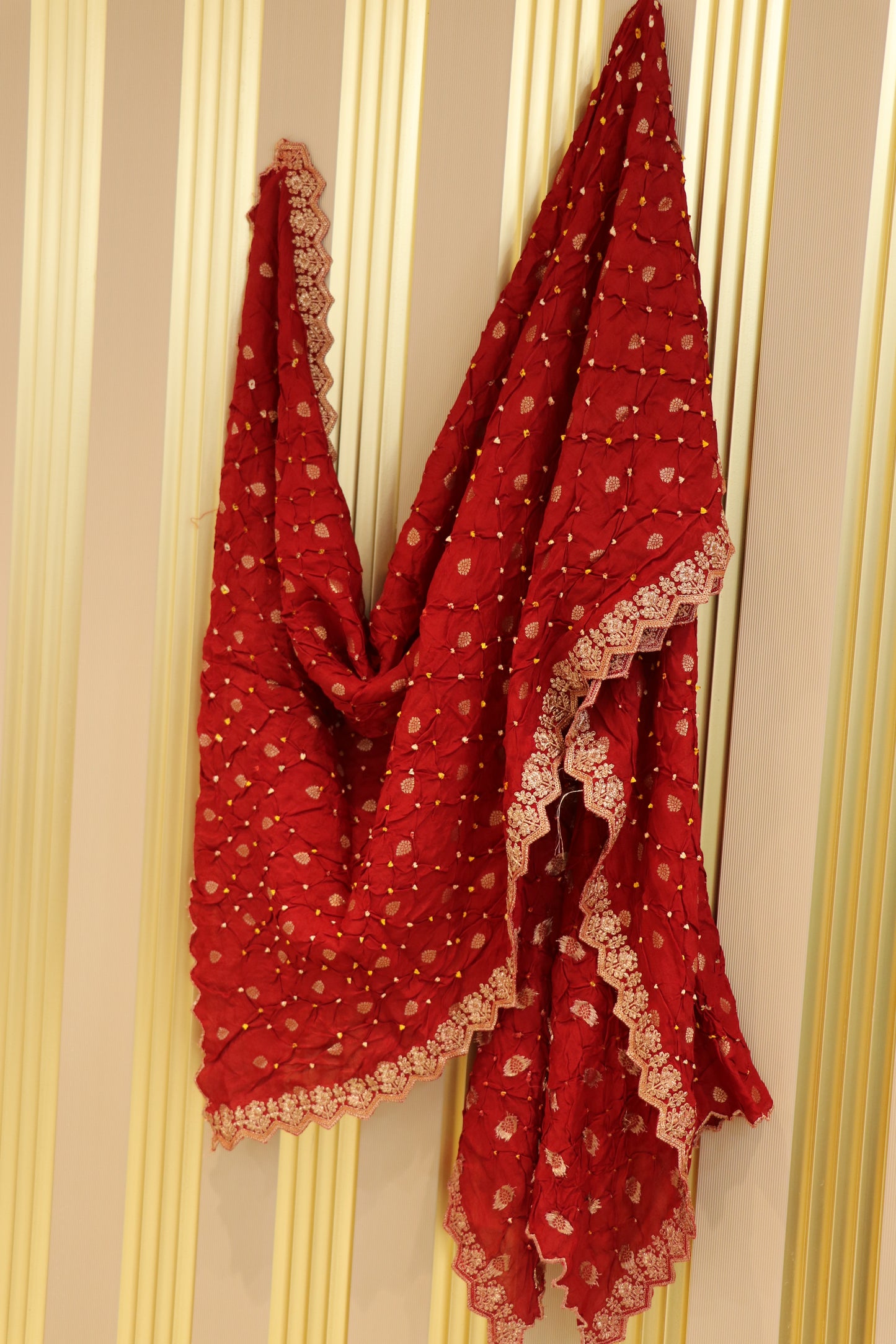 Russian silk dupattas pure bandhani and banarasi butti weaved with scallopes embroidery