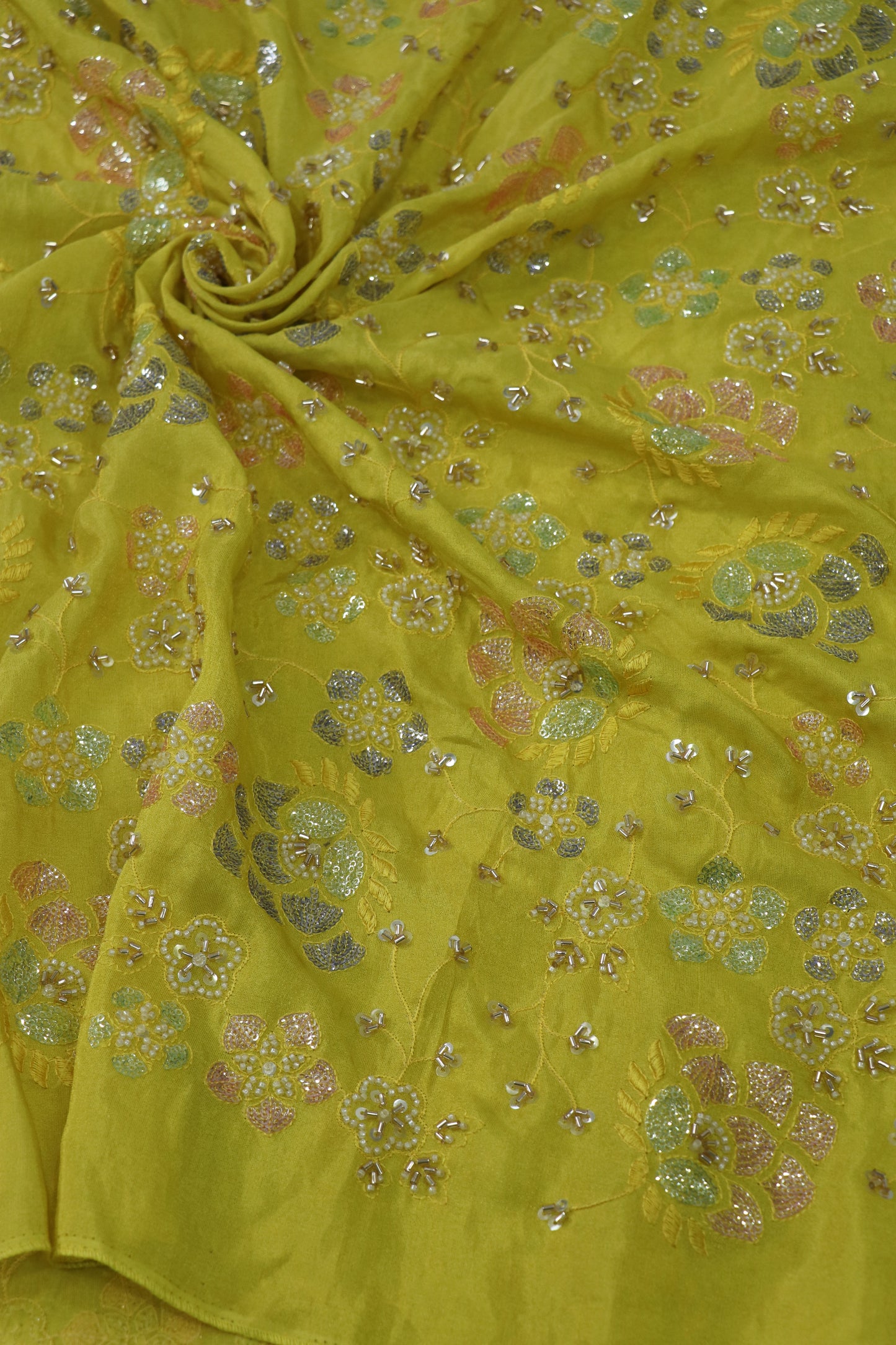 Multi Color Sequins & Cut Beads Embroidered Uppada Tissue fabric