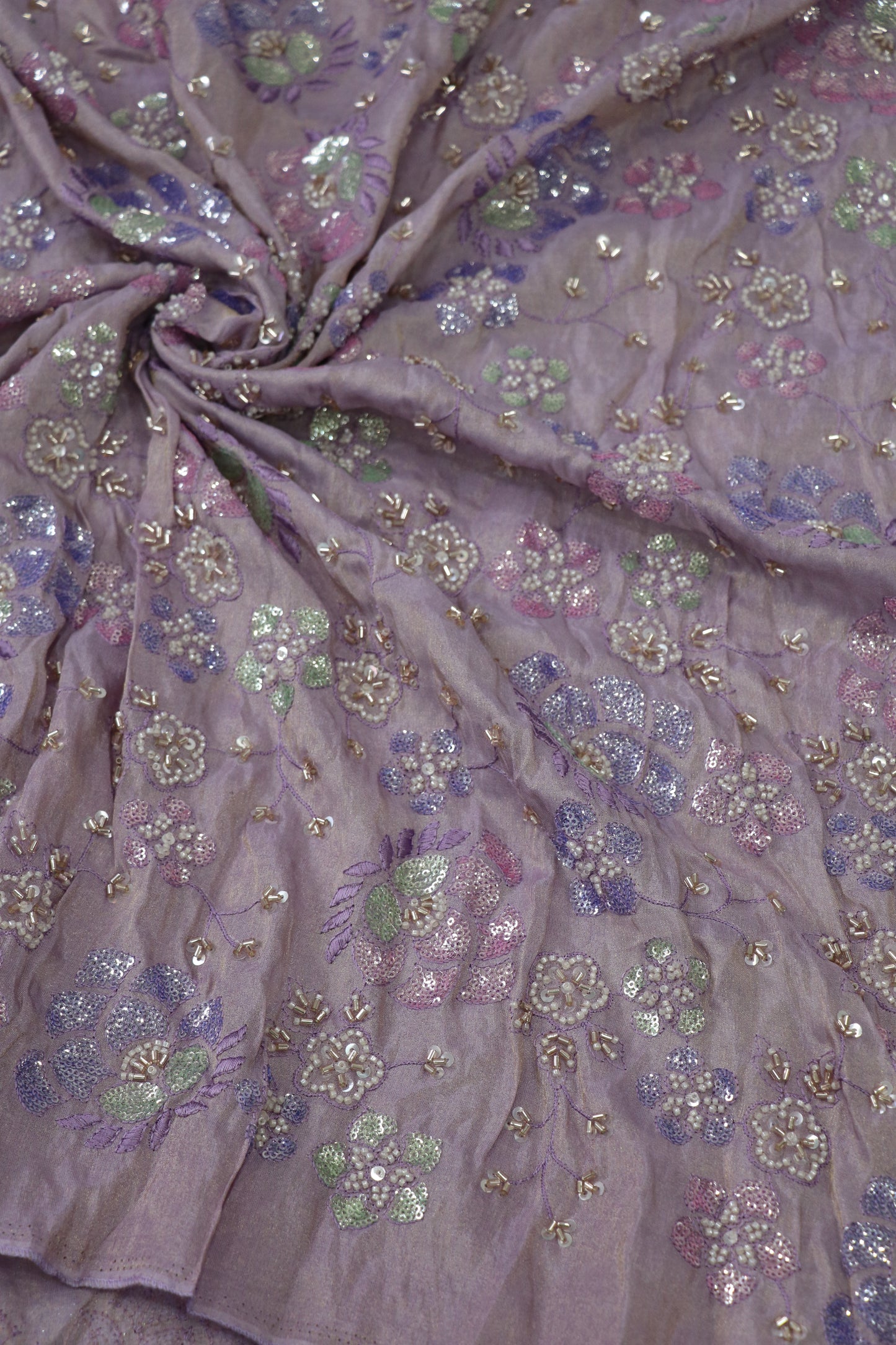 Multi Color Sequins & Cut Beads Embroidered Uppada Tissue fabric