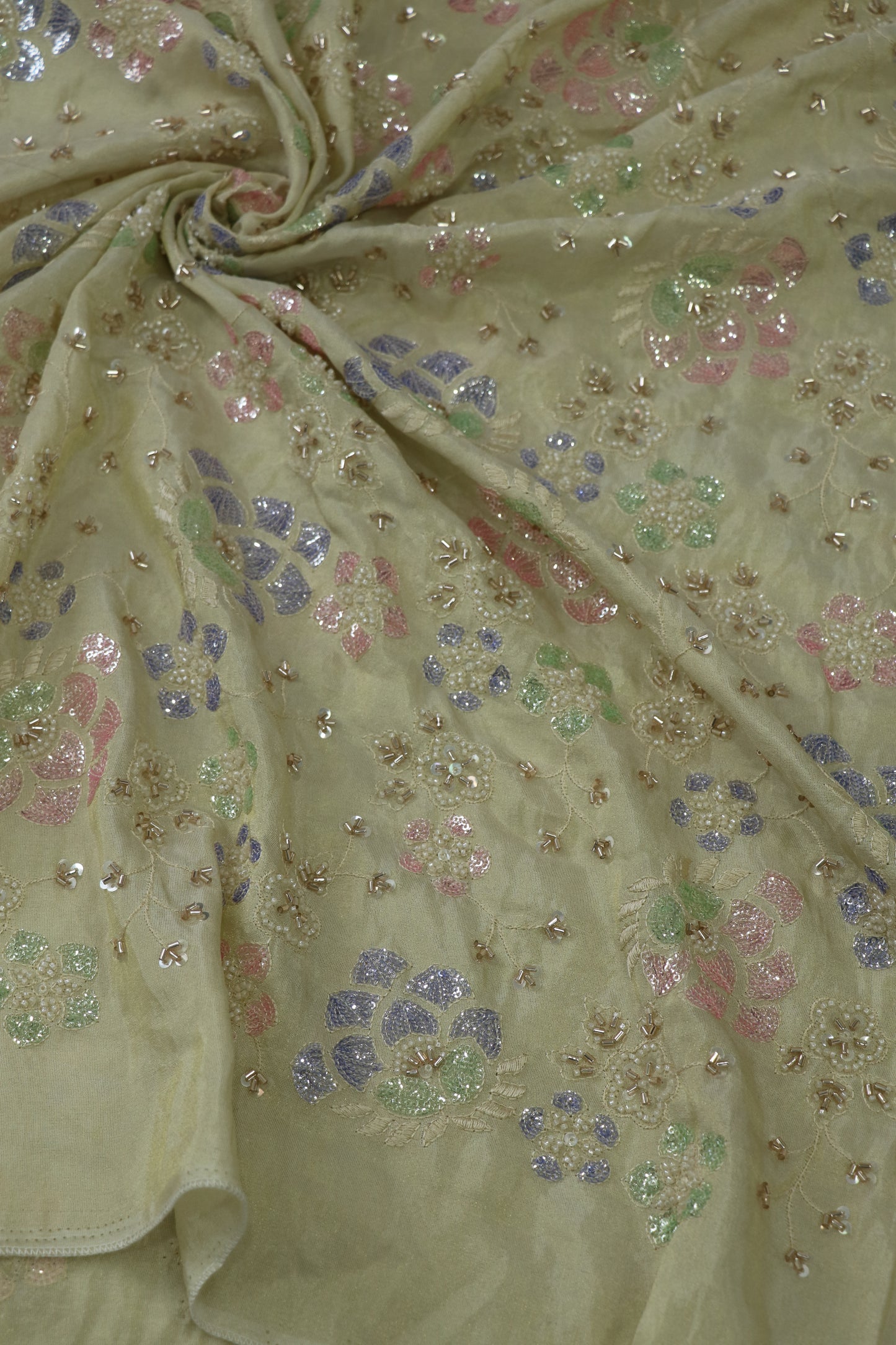 Multi Color Sequins & Cut Beads Embroidered Uppada Tissue fabric
