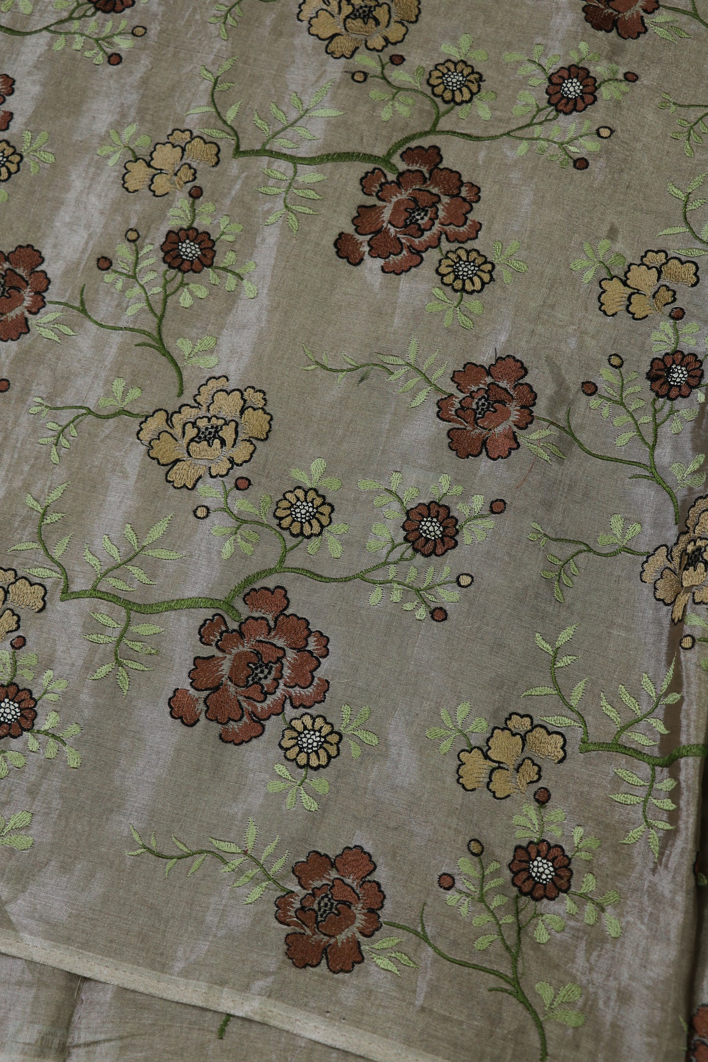 Snow White Silver Cherry Blossom Design Embroidered Pure Tissue Fabric
