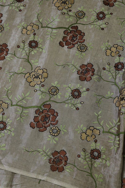 Snow White Silver Cherry Blossom Design Embroidered Pure Tissue Fabric