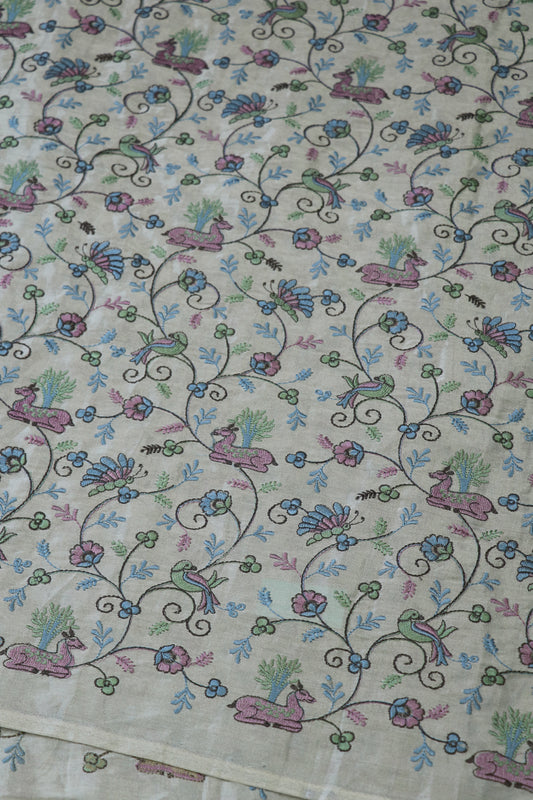 Metallic Silver Grey Jungle Theme Embroidered Pure  Tissue Fabric