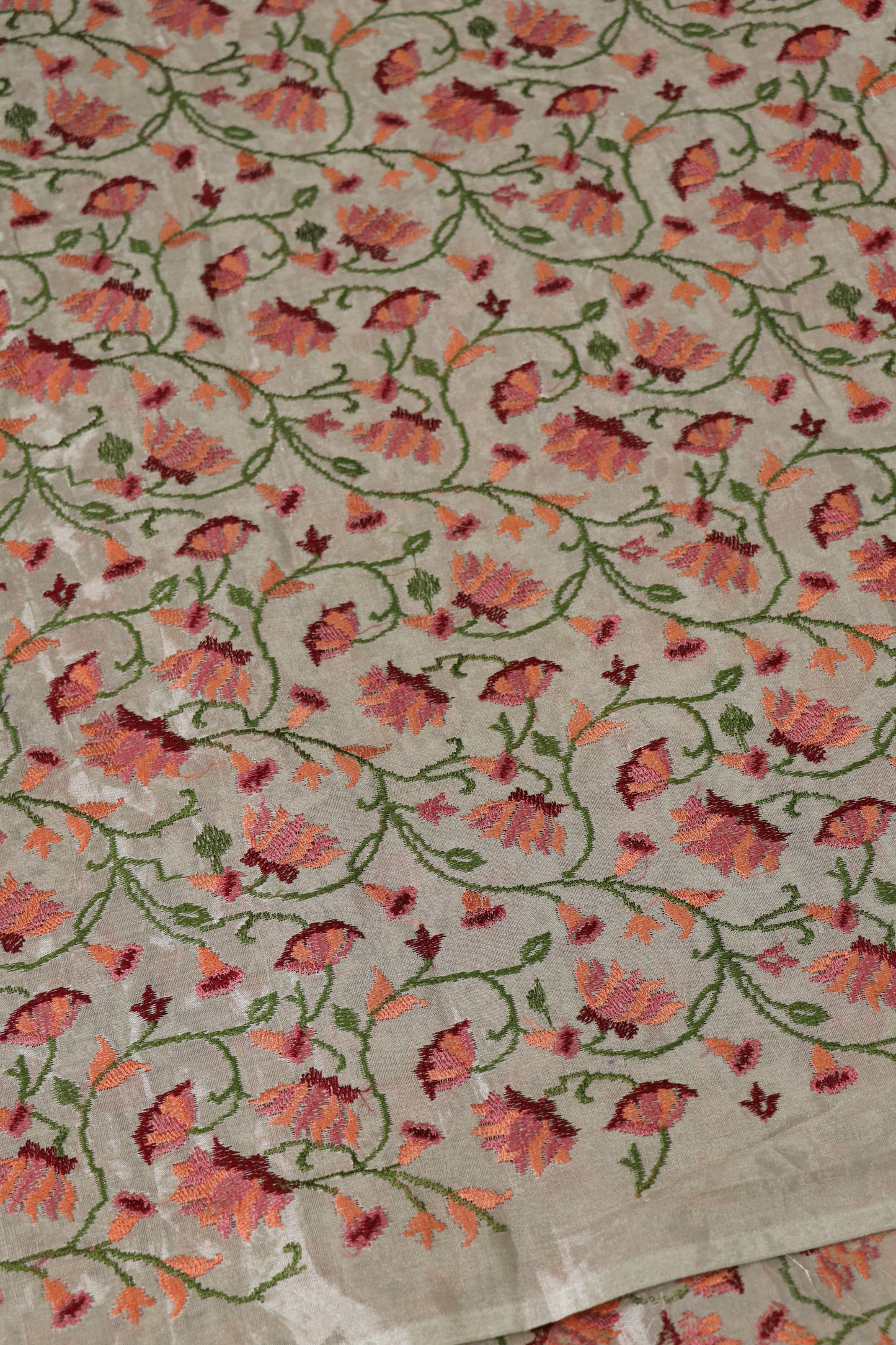Ivory Silver Pitchwai Design Embroidered Pure Tissue Fabric