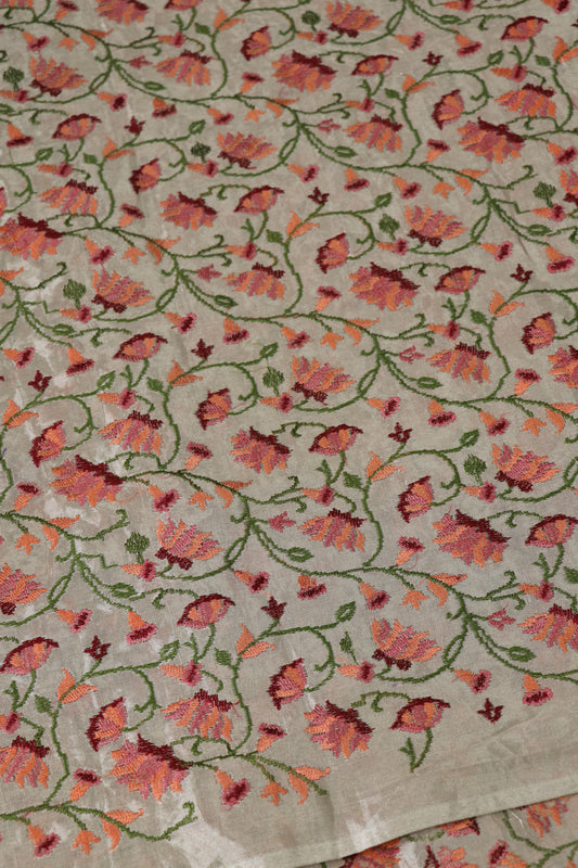 Ivory Silver Pitchwai Design Embroidered Pure Tissue Fabric