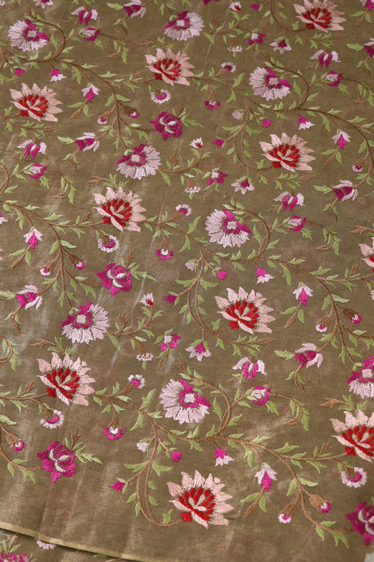 Dark Wood Brown With Hues Of Pink & Reds Floral Pure Embroidered Tissue Fabric