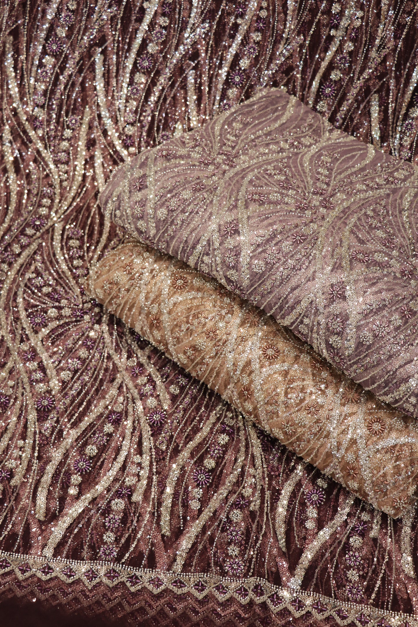 Cross Wave Patterned Nets Embellished With Sequins & Cut Beads