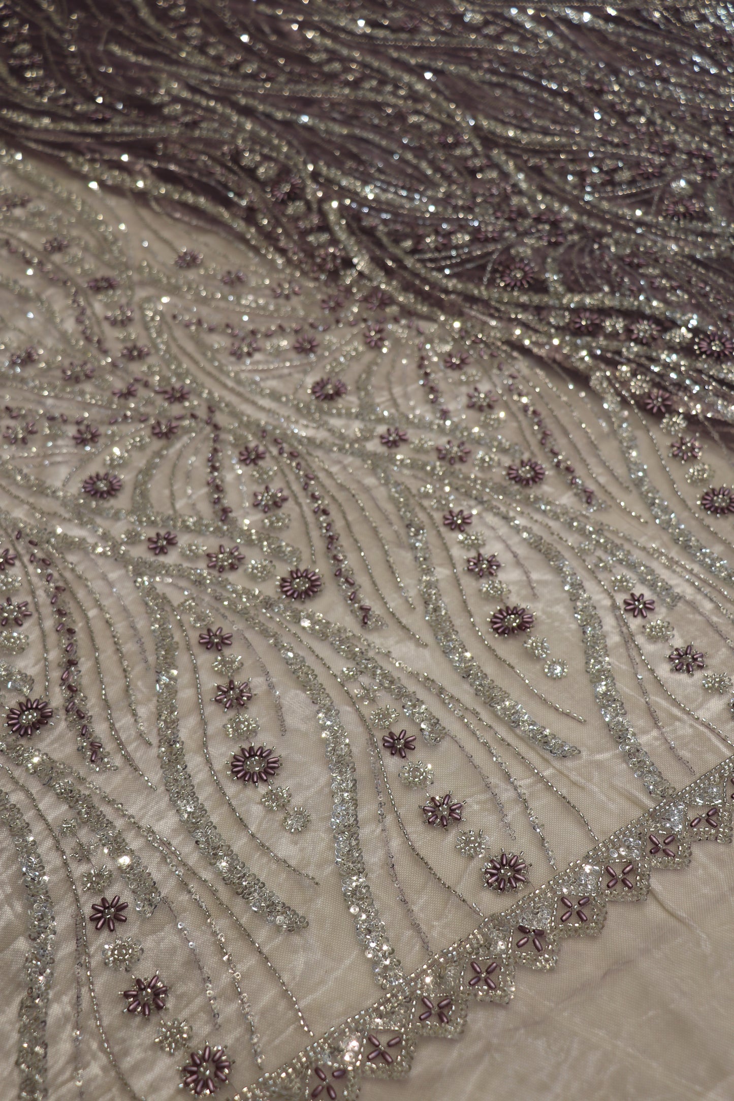 Cross Wave Patterned Nets Embellished With Sequins & Cut Beads