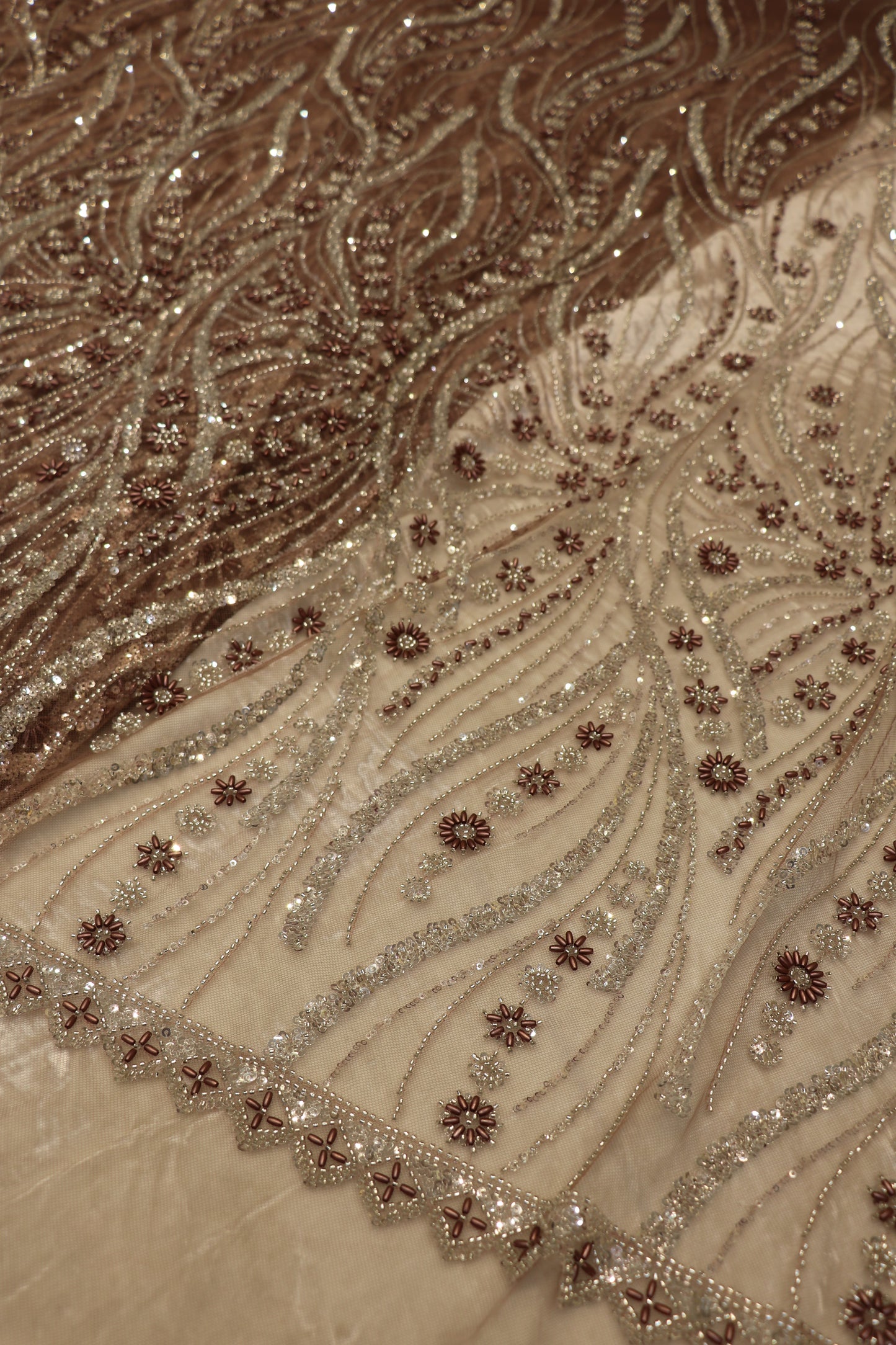 Cross Wave Patterned Nets Embellished With Sequins & Cut Beads
