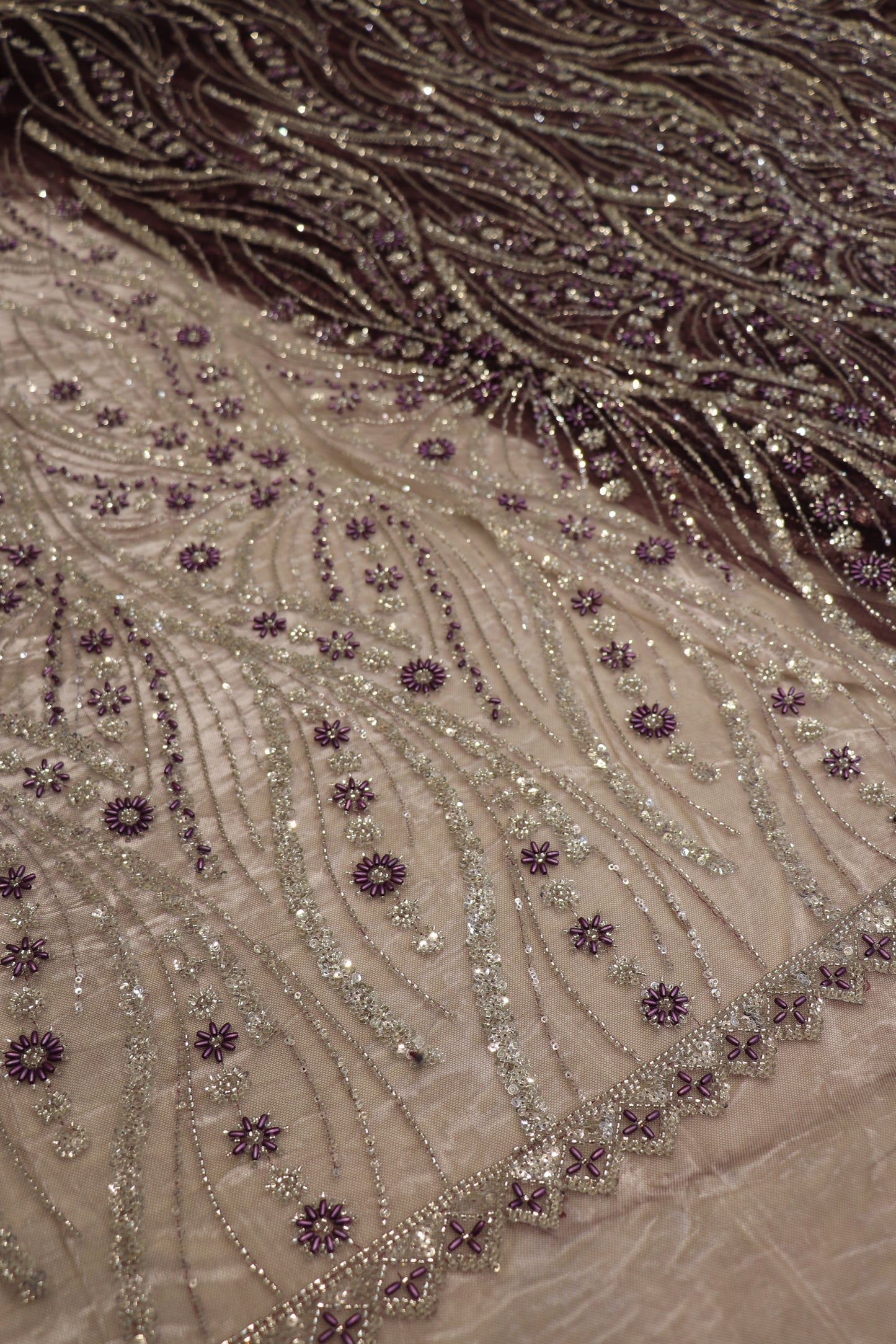 Cross Wave Patterned Nets Embellished With Sequins & Cut Beads