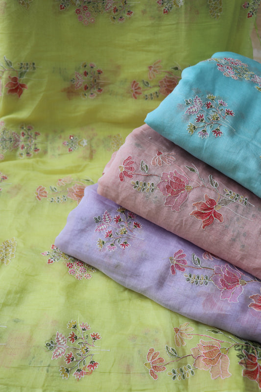 Pure Mul chanderi Floral Bunches Embroidered Fabric