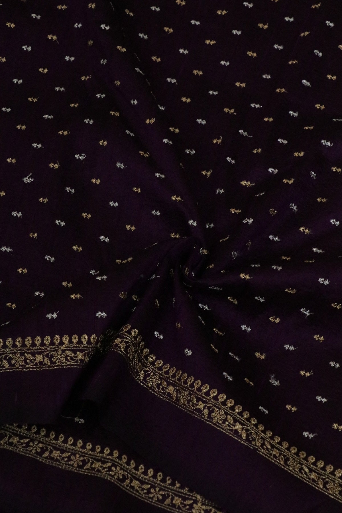 Gold And Silver Zari Embroidered Pure Raw Silk Fabric