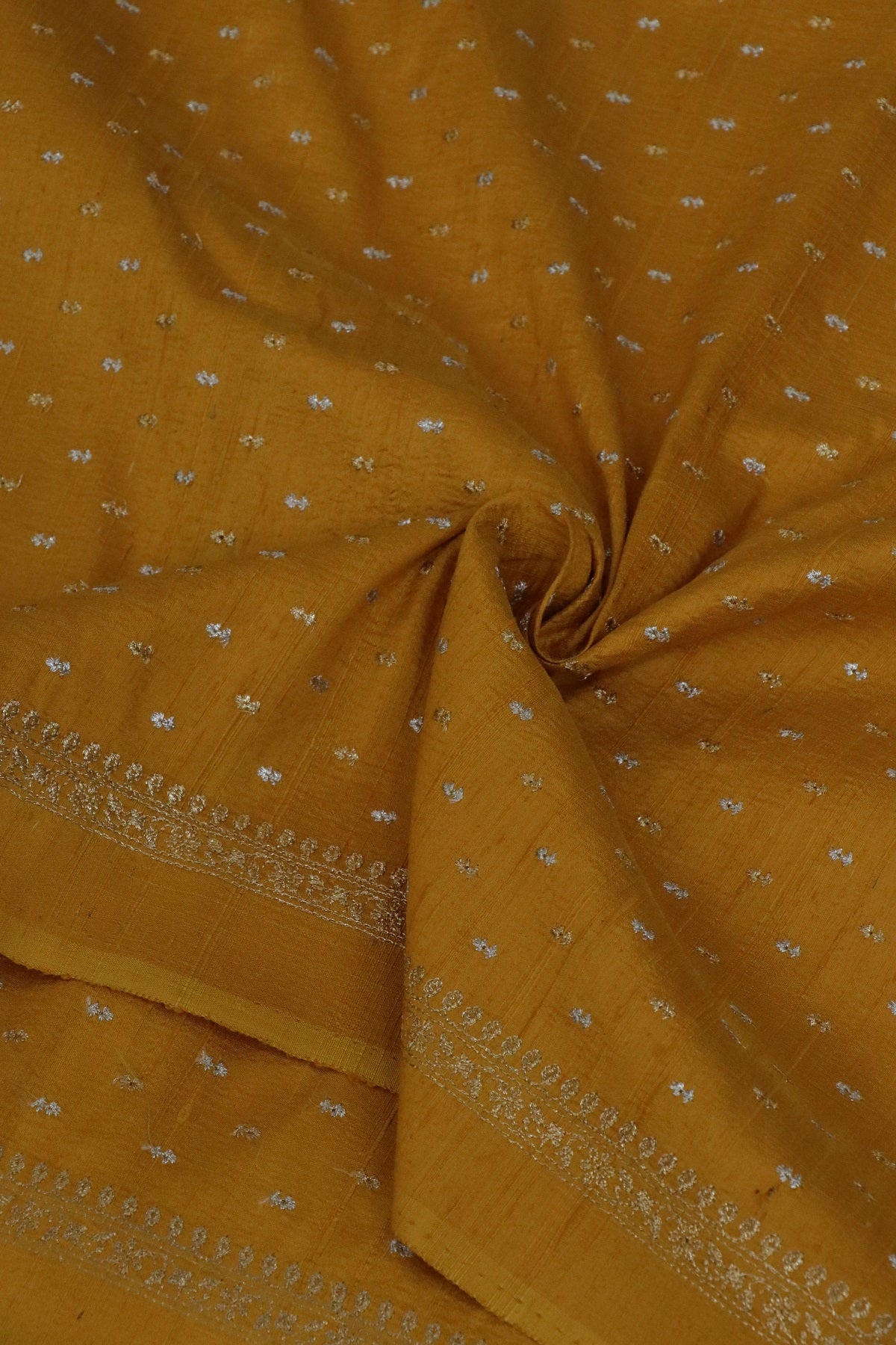 Gold And Silver Zari Embroidered Pure Raw Silk Fabric
