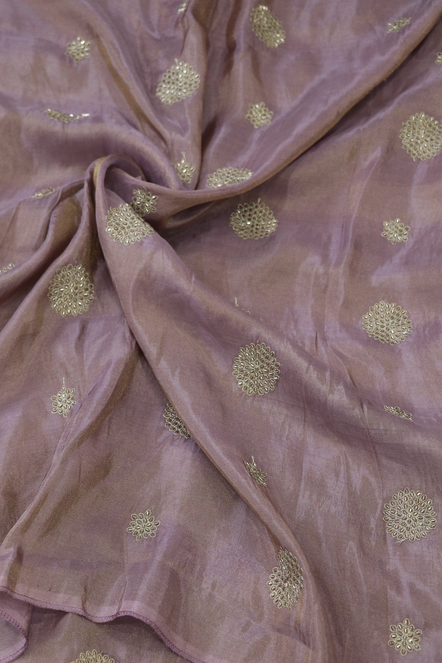 Zari Thread & Cut Bead Embroidered Floral Bunches Uppada Tissue Fabric