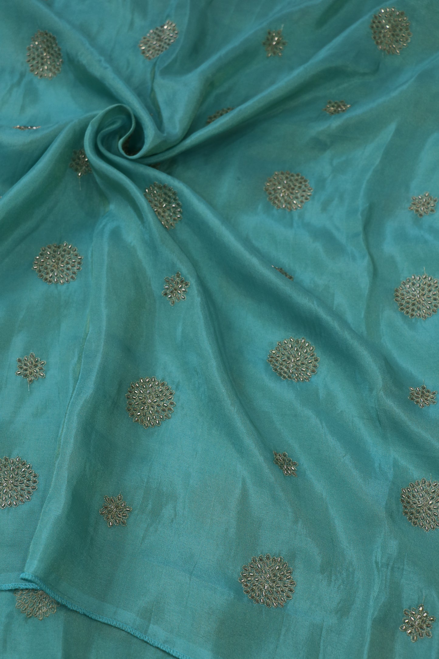 Zari Thread & Cut Bead Embroidered Floral Bunches Uppada Tissue Fabric