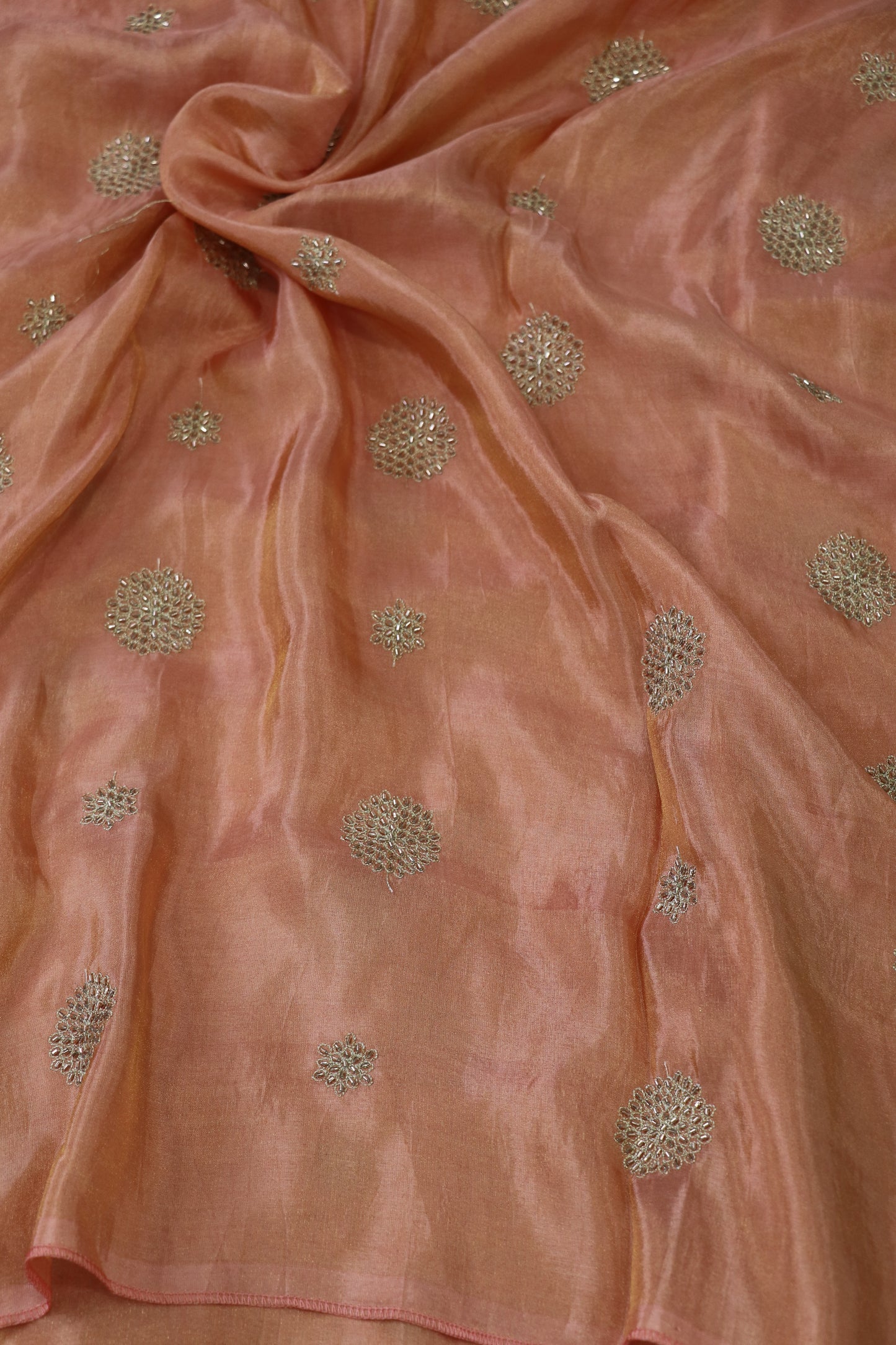 Zari Thread & Cut Bead Embroidered Floral Bunches Uppada Tissue Fabric