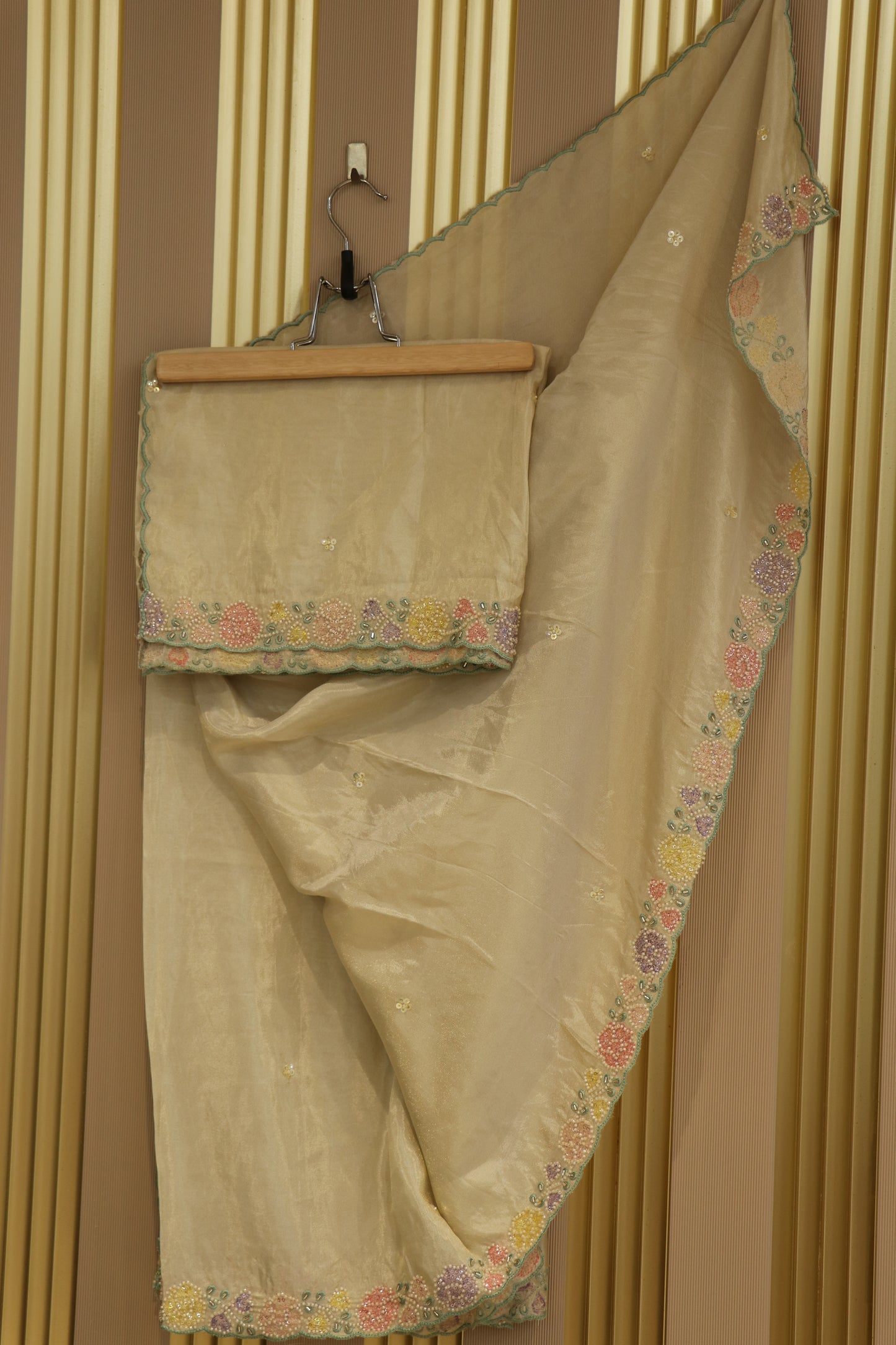 Uppada tissue dupatta with thread work and cutbeads embroidery with scalloped.