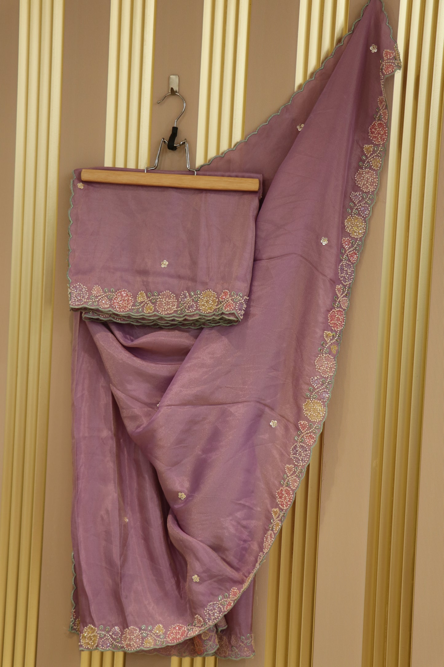 Uppada tissue dupatta with thread work and cutbeads embroidery with scalloped.