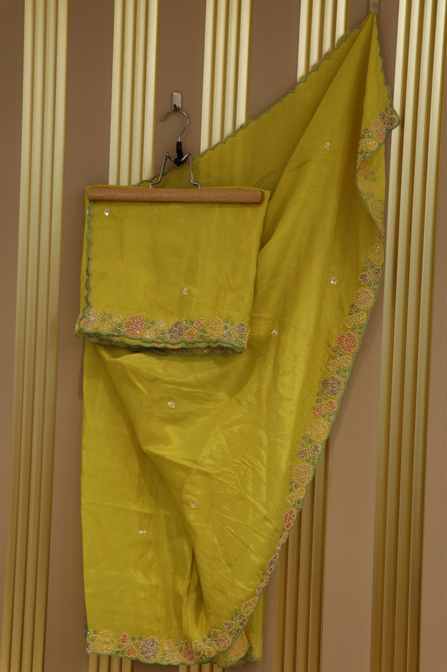 Uppada tissue dupatta with thread work and cutbeads embroidery with scalloped.