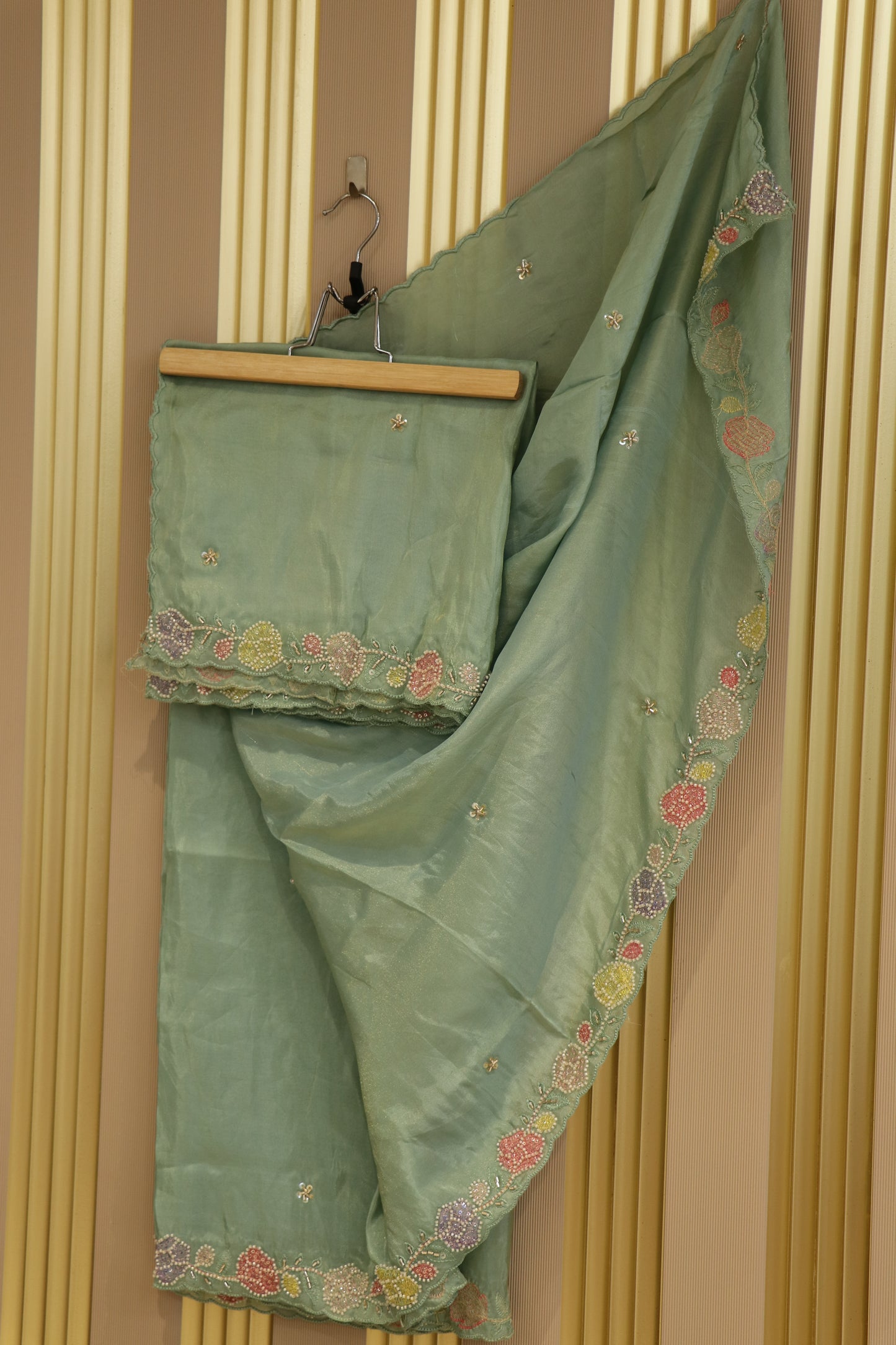 Uppada tissue dupatta with thread work and cutbeads embroidery with scalloped.