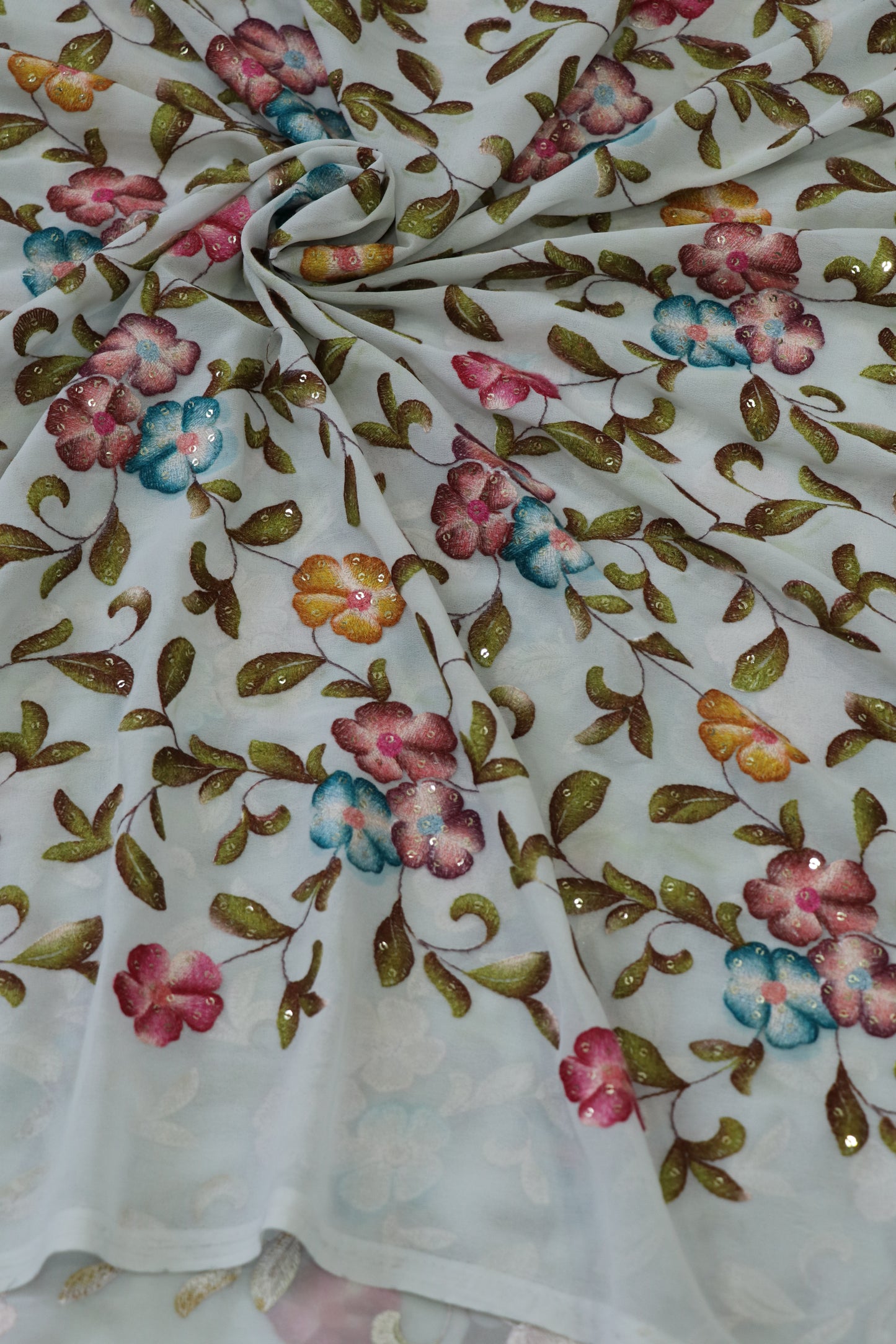 Printed Georgette Fabric Embroidered & Highlighted With Sequins