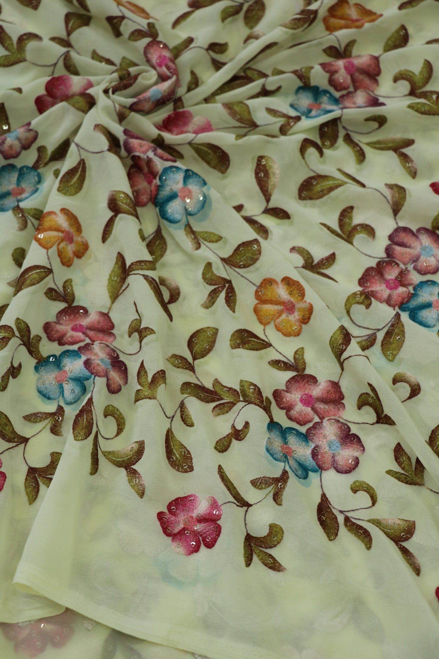 Printed Georgette Fabric Embroidered & Highlighted With Sequins