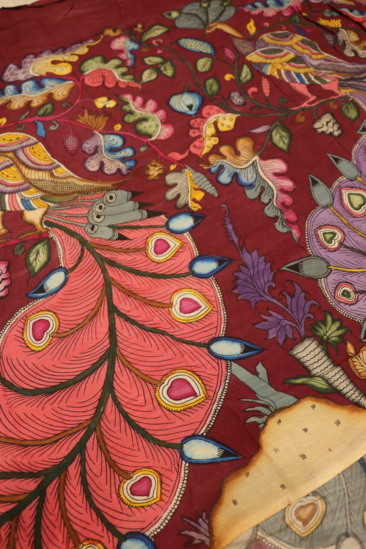 Burgundy Pure Pen Kalamkari Hand Painted Lehenga Silk Fabric (Minimum Order 5 meter)
