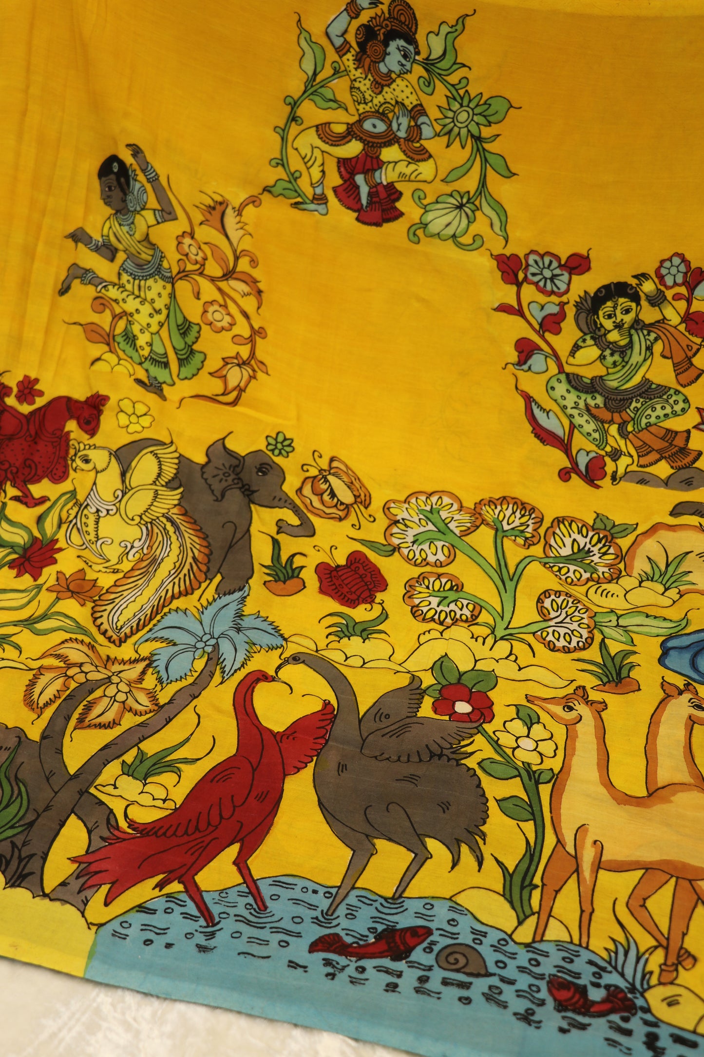 Dandelion Yellow Pure Pen Kalamkari Hand Painted Lehenga Silk Fabric (Minimum Order 5 meter)
