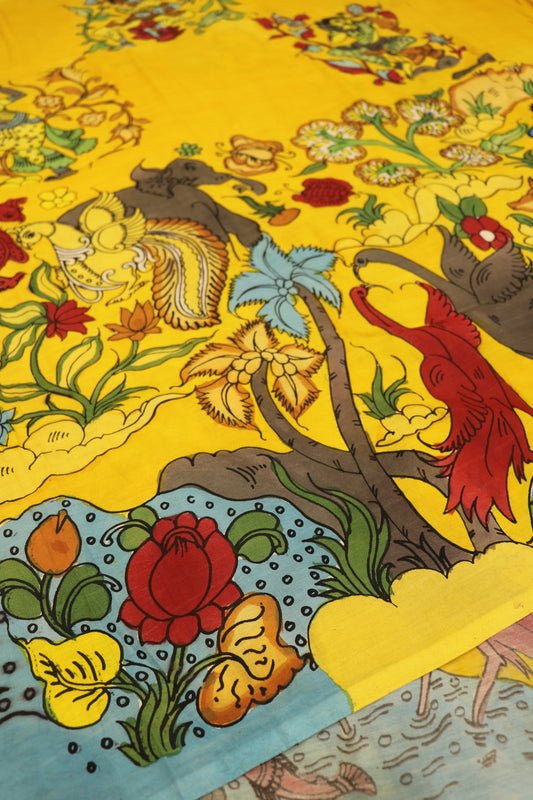 Dandelion Yellow Pure Pen Kalamkari Hand Painted Lehenga Silk Fabric (Minimum Order 5 meter)