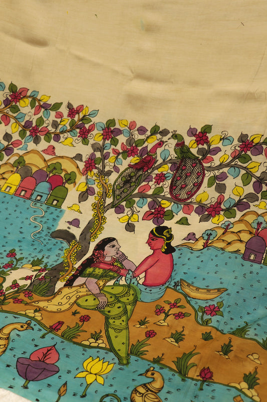 Ivory Pure Pen Kalamkari Hand Painted Lehenga Silk Fabric (Minimum Order 5 meter)