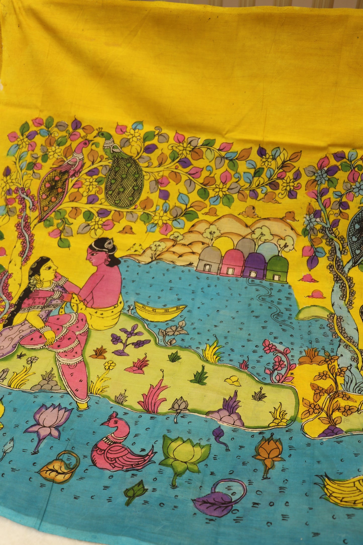 Mustard Yellow Pure Pen Kalamkari Hand Painted Lehenga Silk Fabric (Minimum Order 5 meter)