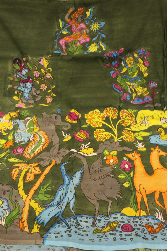 Army Green Pure Pen Kalamkari Hand Painted Lehenga Silk Fabric (Minimum Order 5 meter)