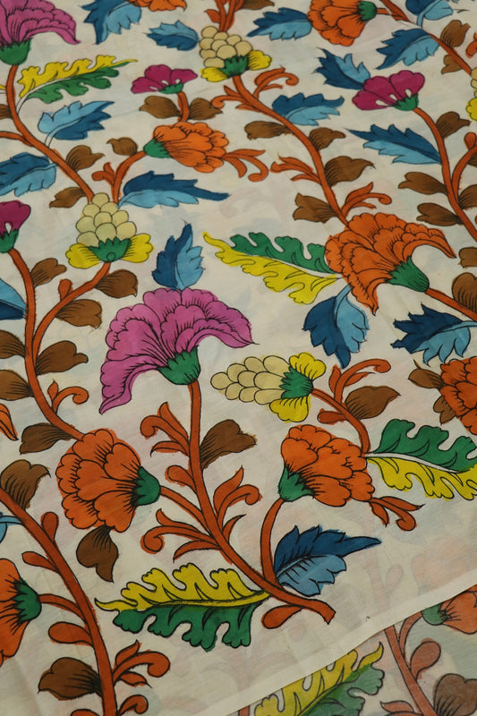 Ivory White Pure Pen Hand painted Kalamkari Fabric