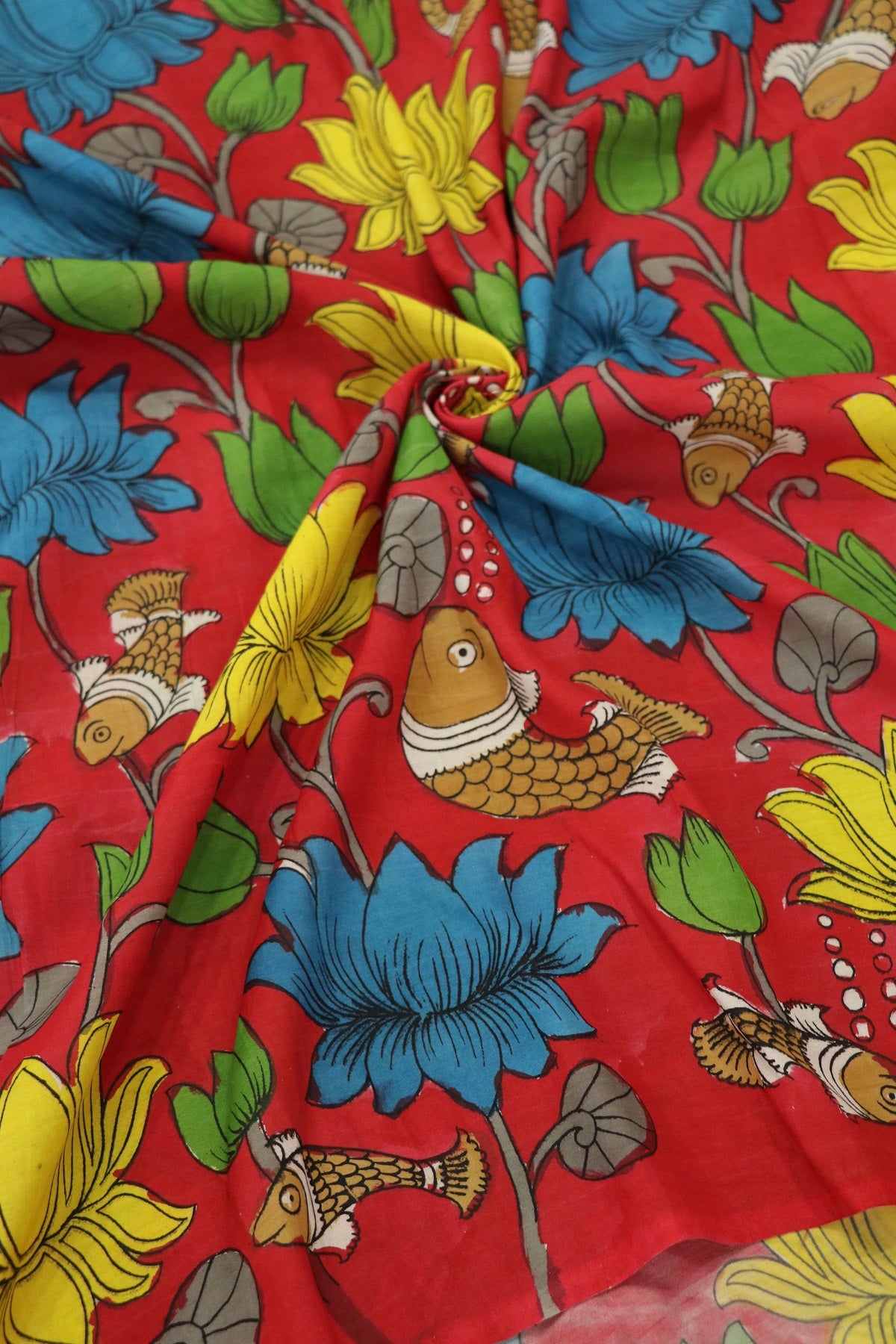 Red Lotus Flower Pure Pen Kalamkari Fabric