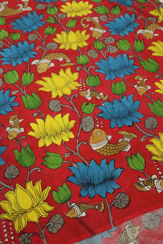 Red Lotus Flower Pure Pen Kalamkari Fabric