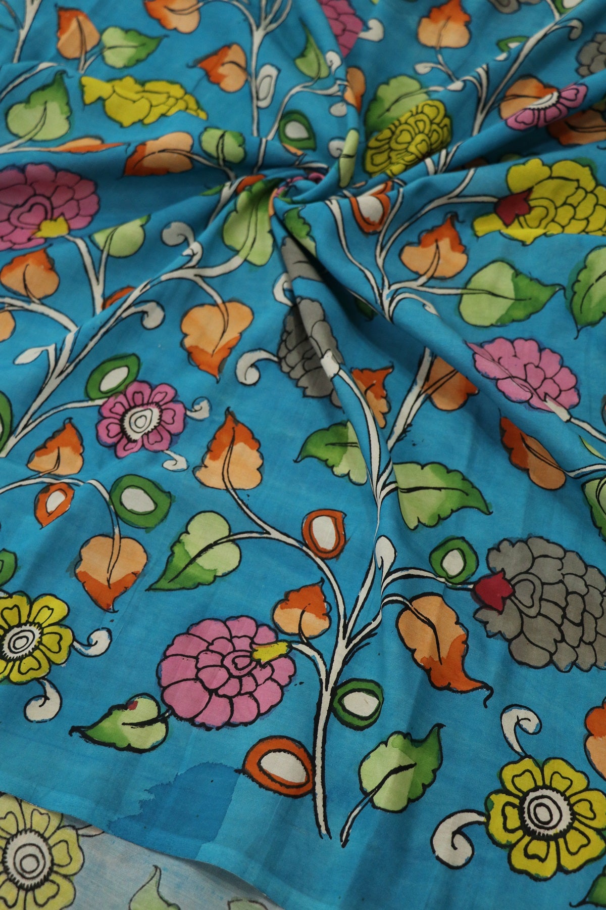 Teal Blue Pure Pen Hand painted Kalamkari Fabric