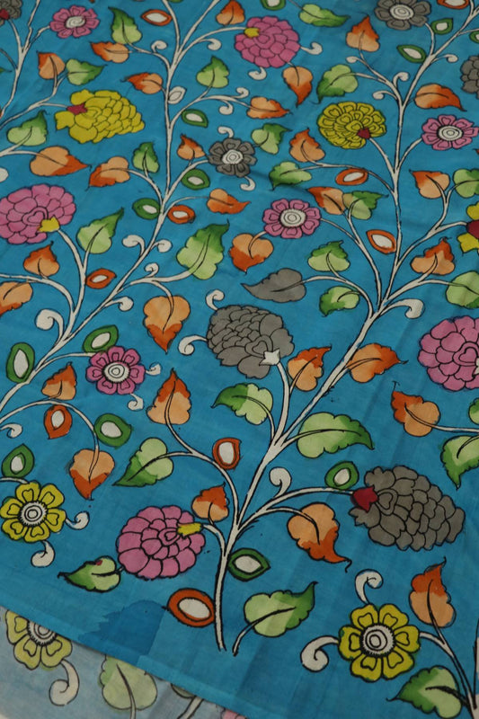 Teal Blue Pure Pen Hand painted Kalamkari Fabric