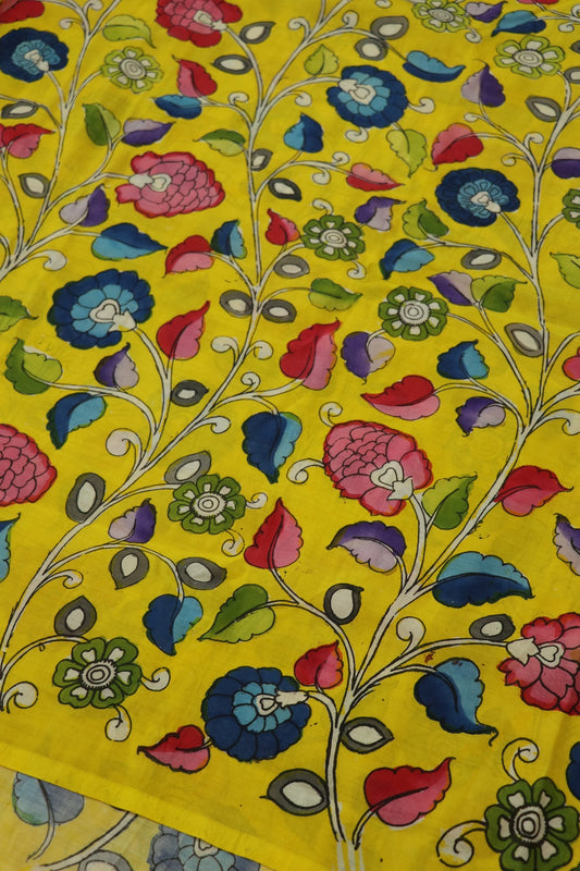 Yellow Pure Pen Hand Painted Kalamkari Fabric