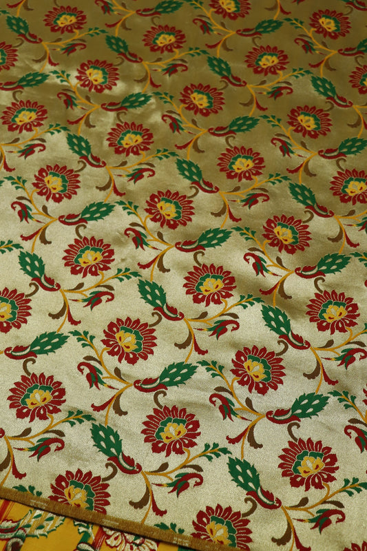 Light Gold Yellow All Over Jaal With Peacocks & Floral Woven Paithani Fabric