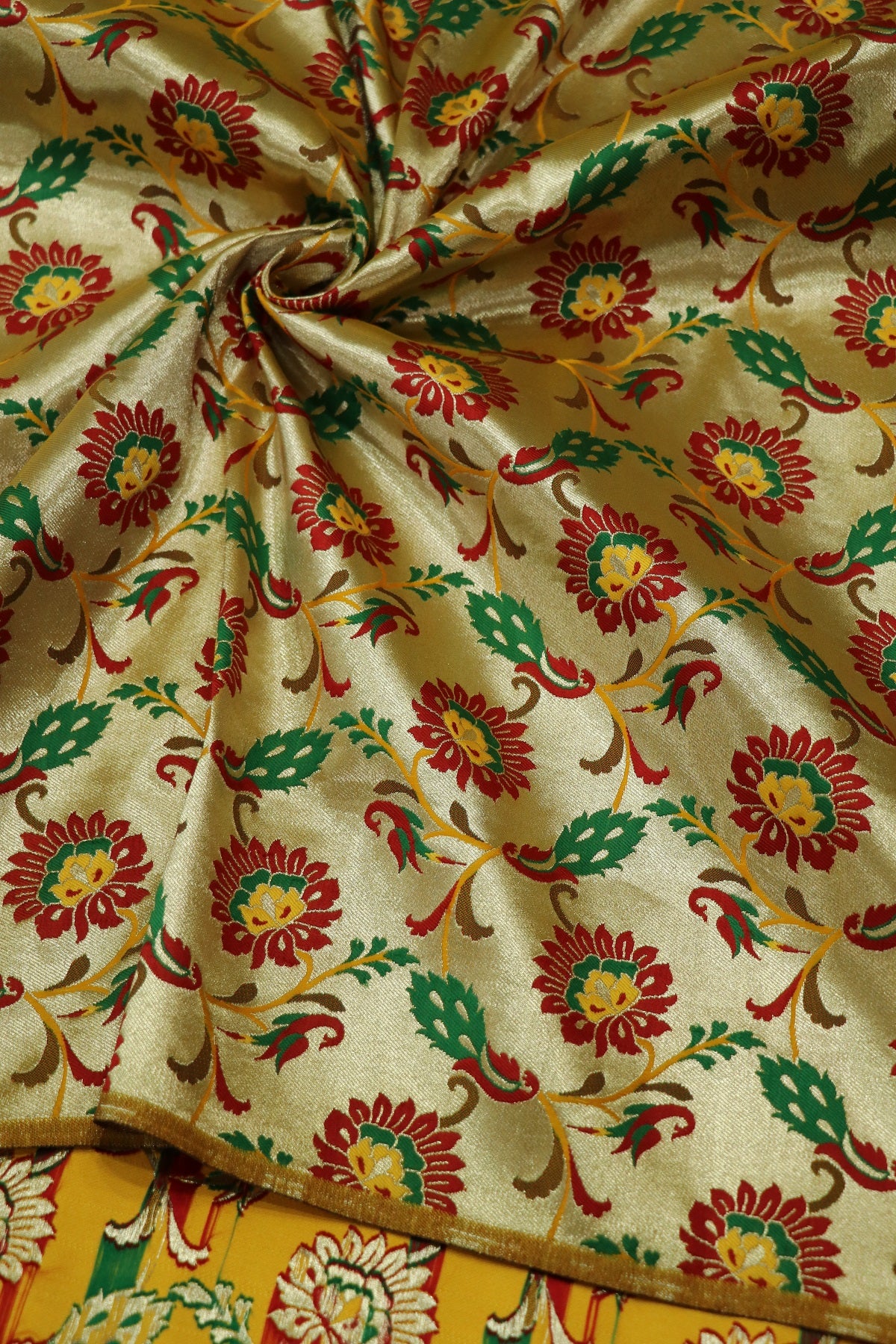 Light Gold Yellow All Over Jaal With Peacocks & Floral Woven Paithani Fabric