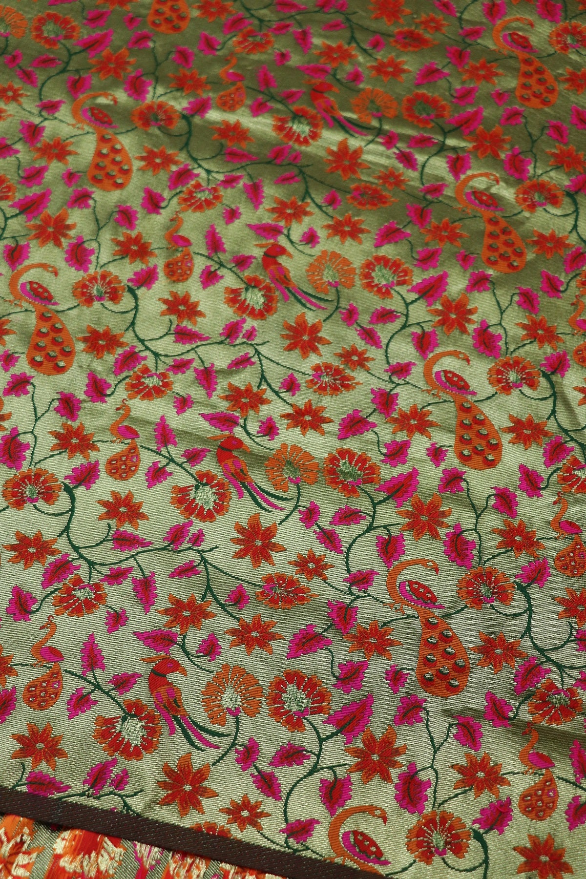 Greenish Light Gold All Over Jaal With Peacocks & Floral Woven Paithani Fabric