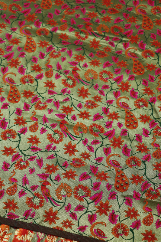 Greenish Light Gold All Over Jaal With Peacocks & Floral Woven Paithani Fabric