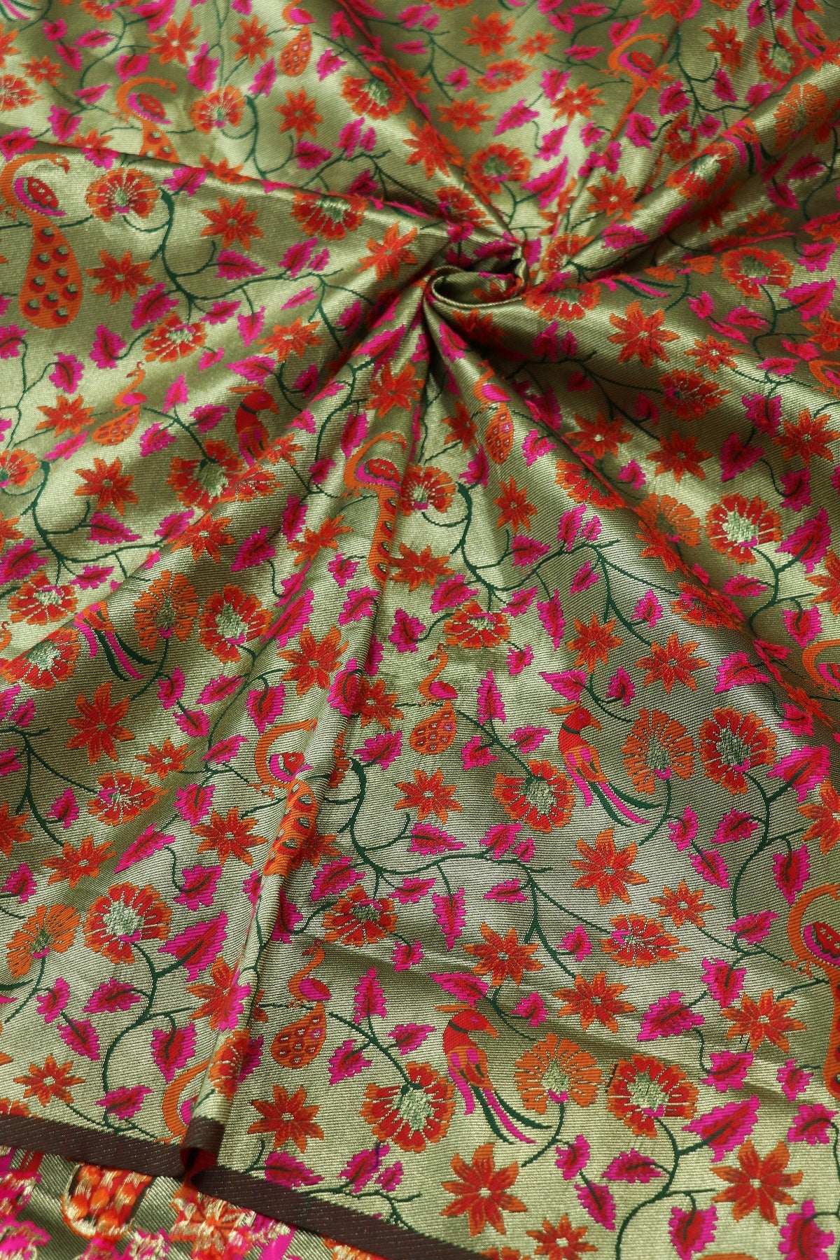Greenish Light Gold All Over Jaal With Peacocks & Floral Woven Paithani Fabric