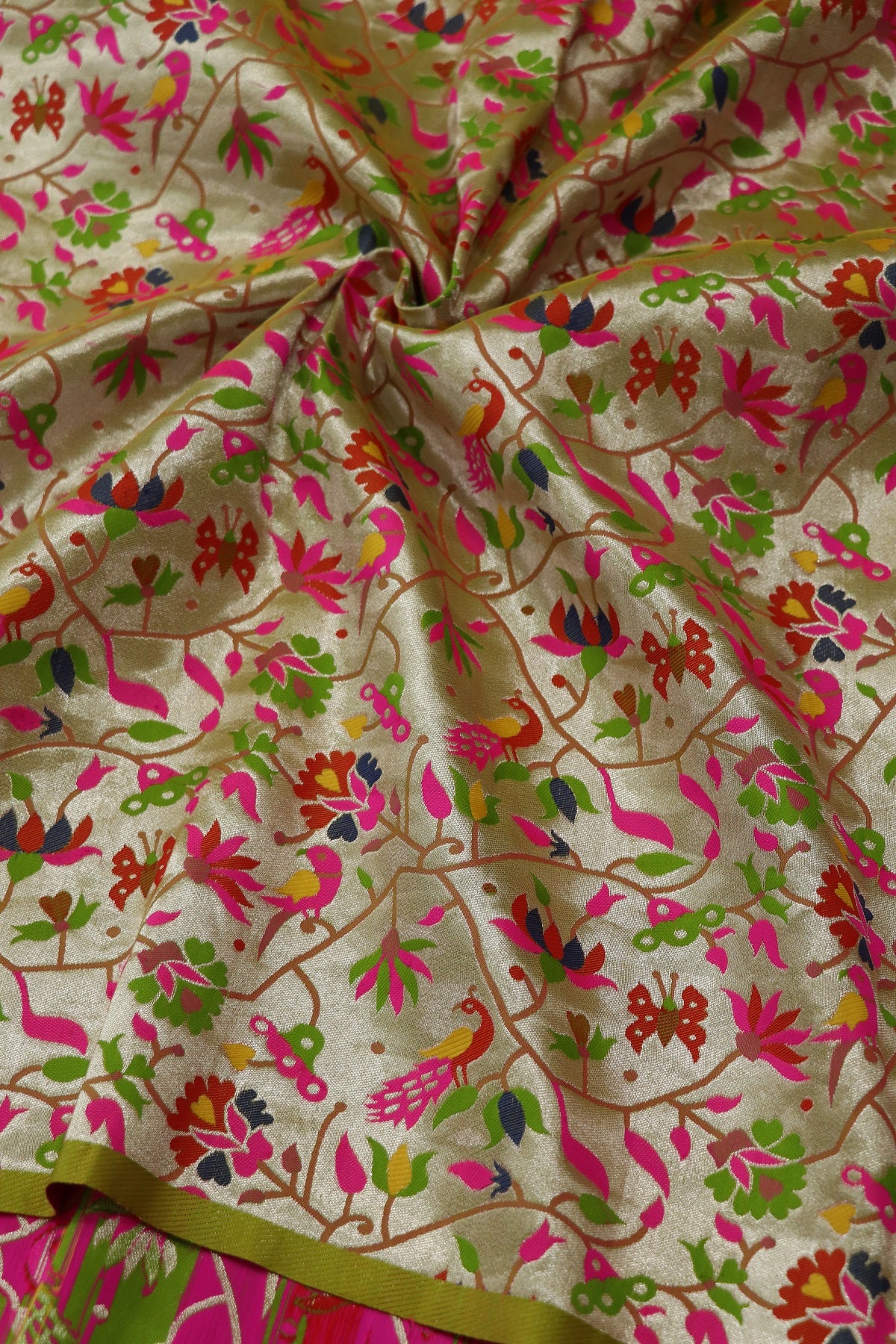 Light Gold Parrot Green All Over Jaal With Peacocks,Butterflies & Lotus Theme Woven Paithani Fabric