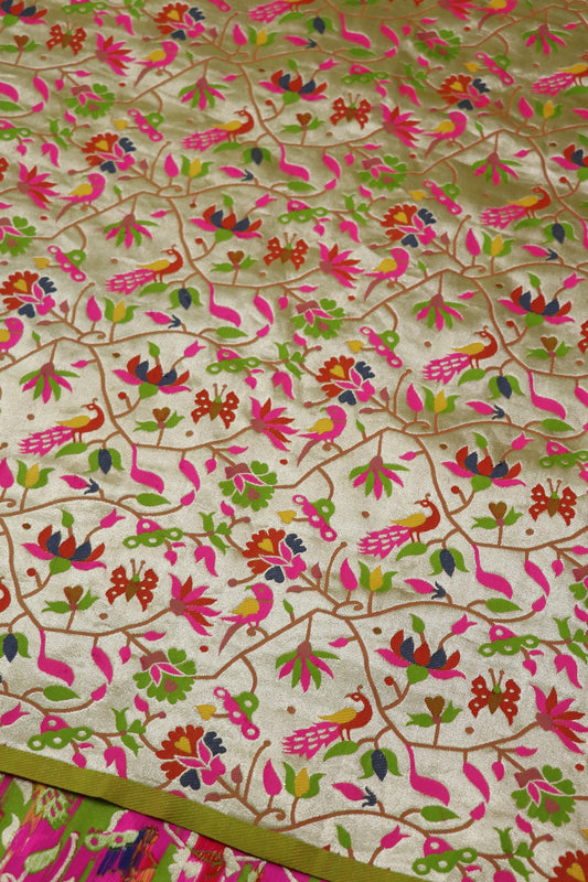 Light Gold Parrot Green All Over Jaal With Peacocks,Butterflies & Lotus Theme Woven Paithani Fabric