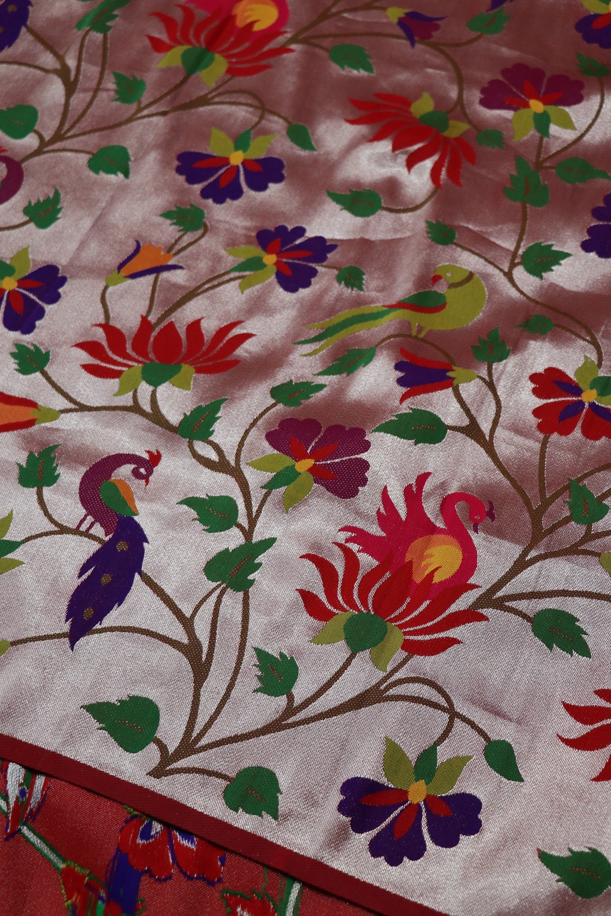 Marron Silver All Over Jaal With Peacocks,Parrot With Lotus Theme Woven Paithani Fabric
