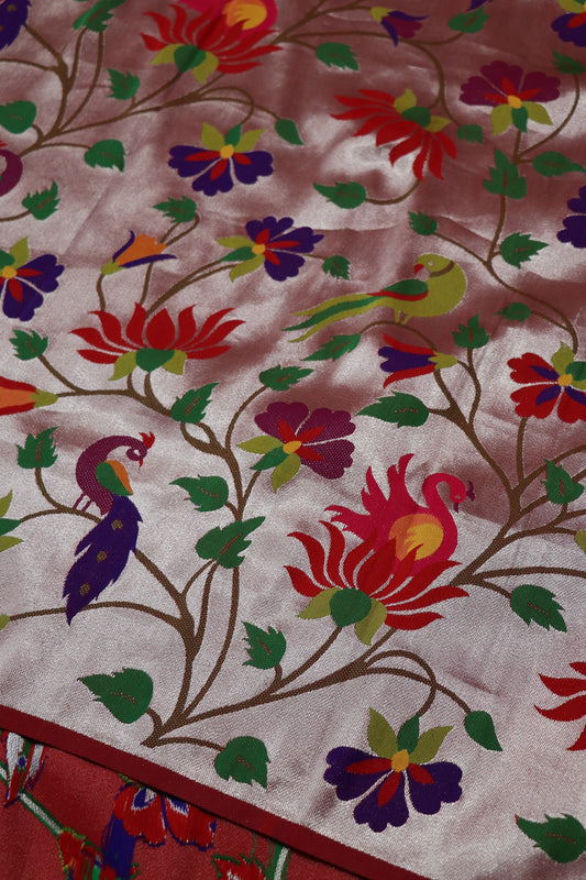 Marron Silver All Over Jaal With Peacocks,Parrot With Lotus Theme Woven Paithani Fabric