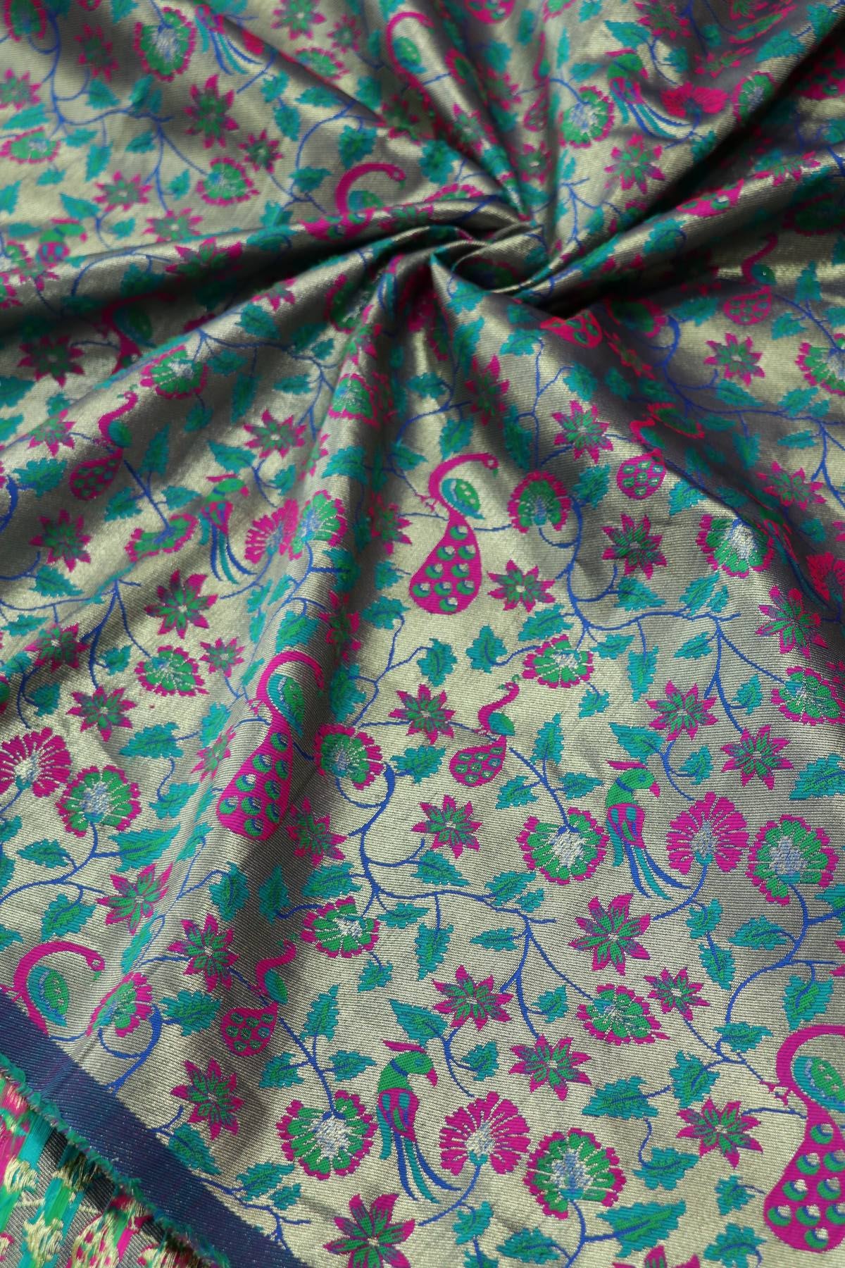 Blue Water Gold All Over Jaal With Peacocks & Floral Woven Paithani Fabric