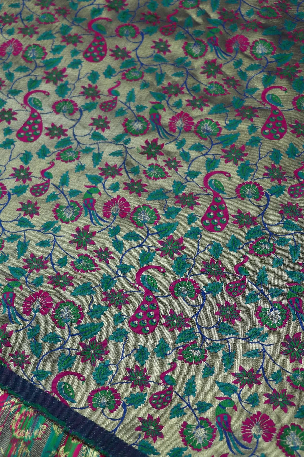 Blue Water Gold All Over Jaal With Peacocks & Floral Woven Paithani Fabric