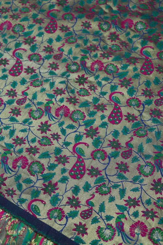 Blue Water Gold All Over Jaal With Peacocks & Floral Woven Paithani Fabric